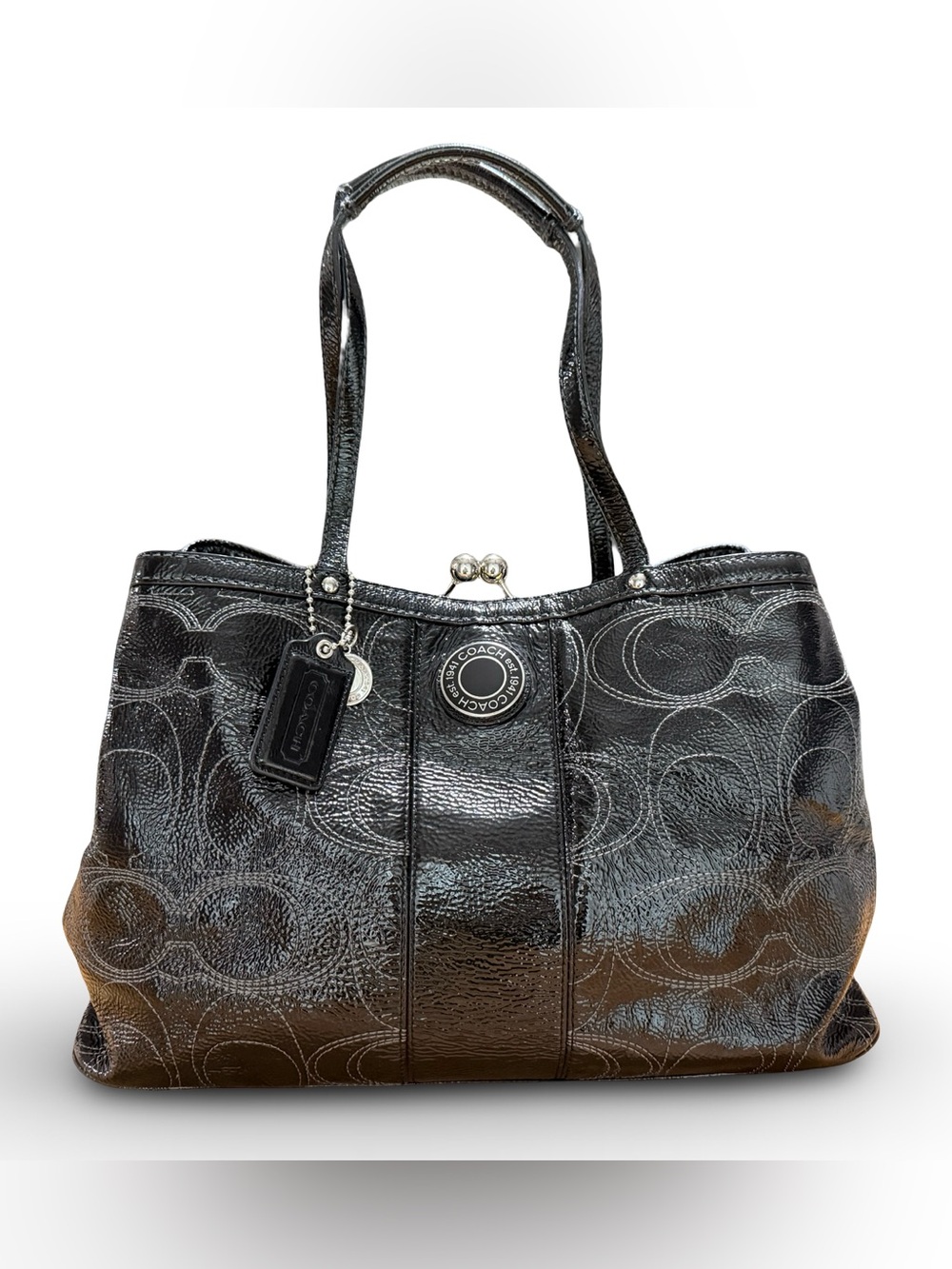 COACH Black Patent Signature Shoulder Bag with Kiss-Lock F19215